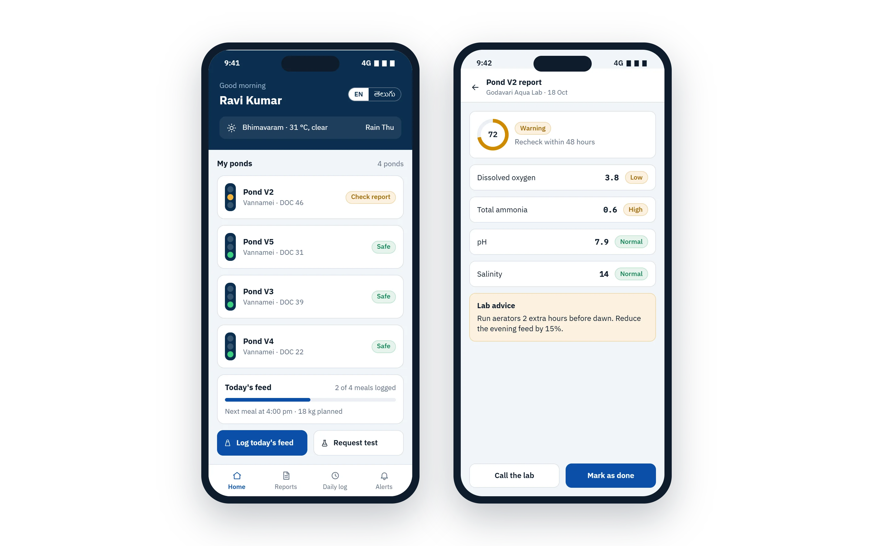 Farmer mobile app showing pond health and a lab report in English with a Telugu option