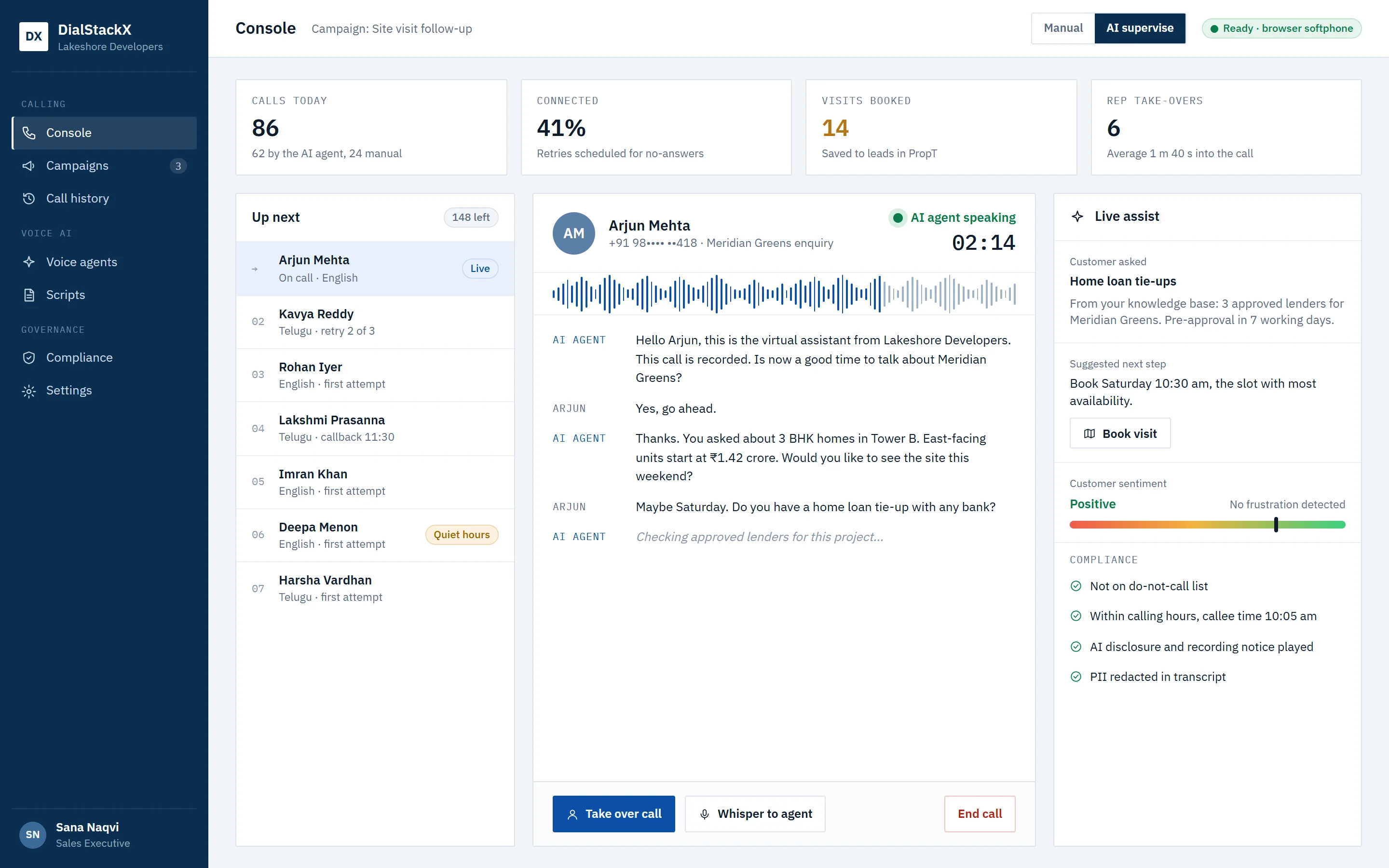 Rep console during a live AI call with transcript, live assist and compliance checks