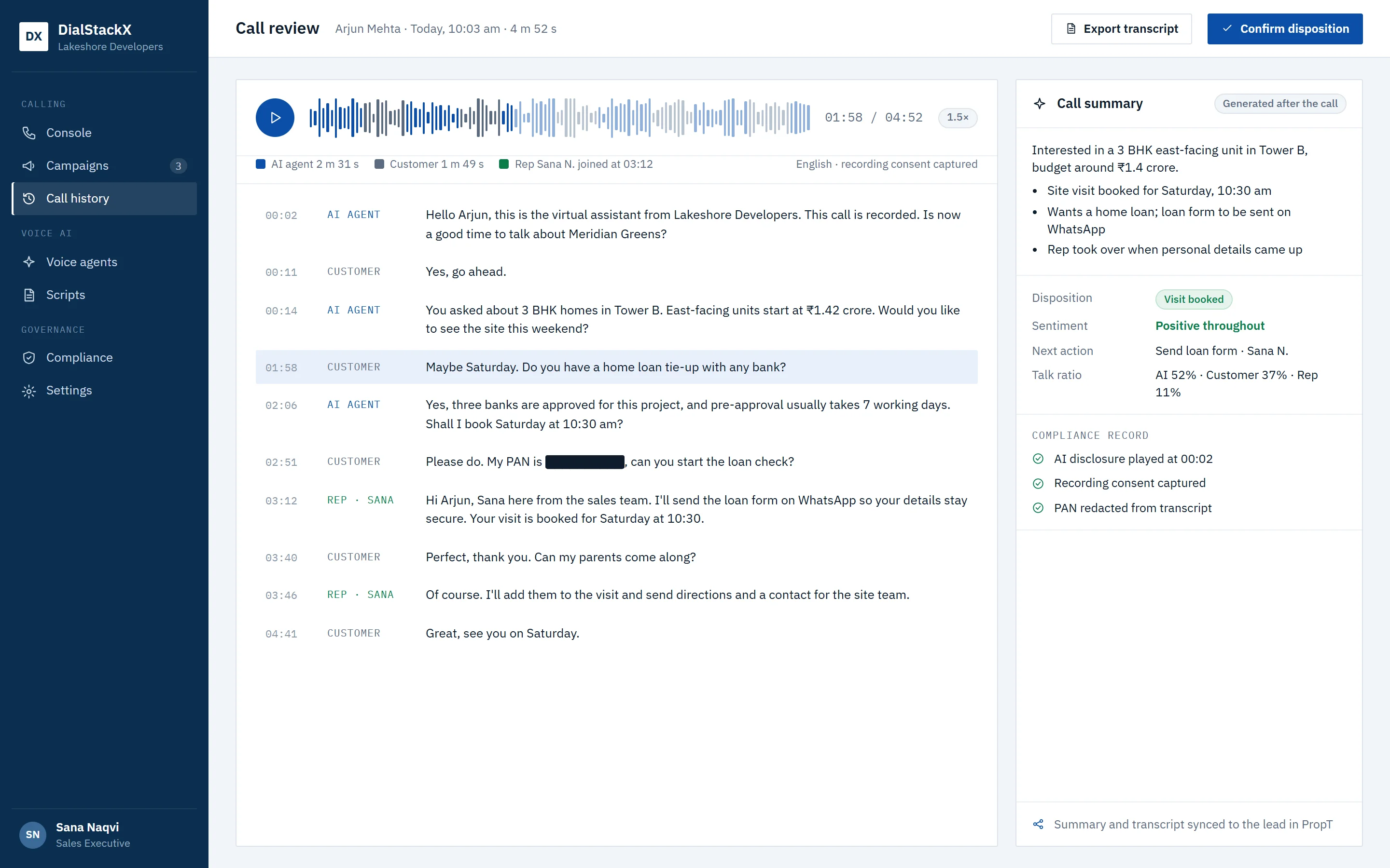 Call review with recording, speaker-labelled transcript, redacted PII and call summary