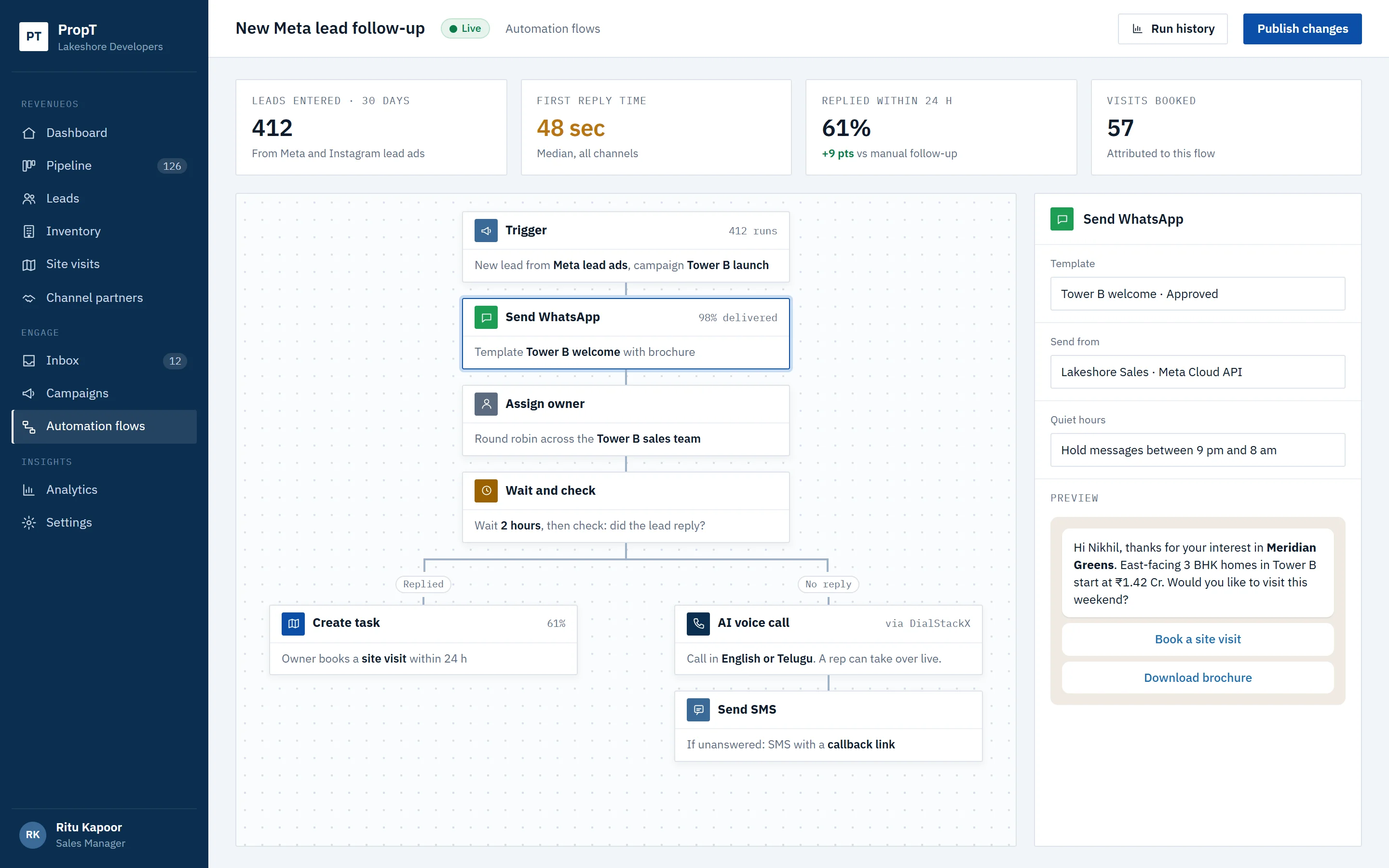 Automation flow from a Meta lead ad to WhatsApp, owner assignment and AI voice follow-up