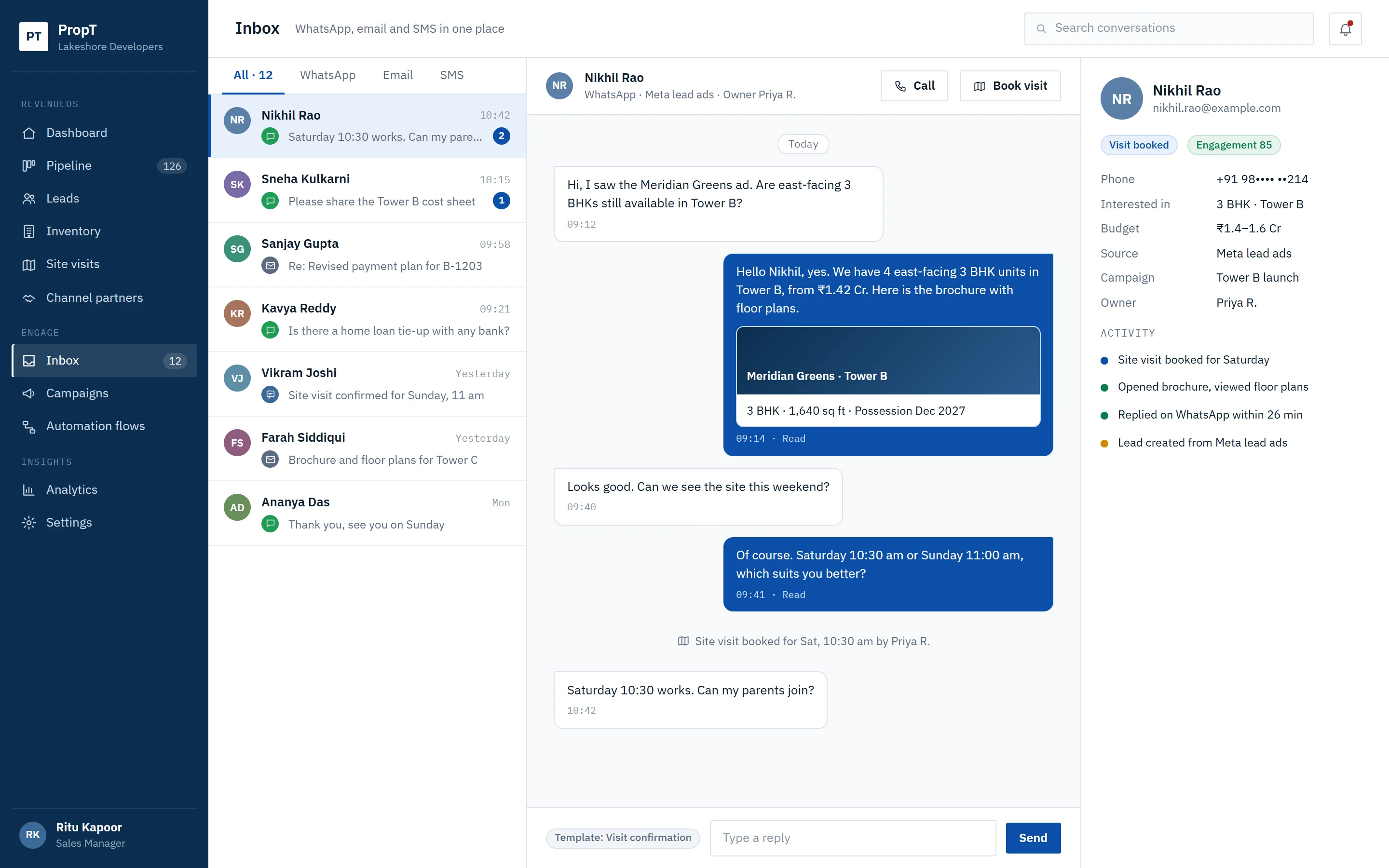 Unified inbox with a WhatsApp conversation and the lead profile