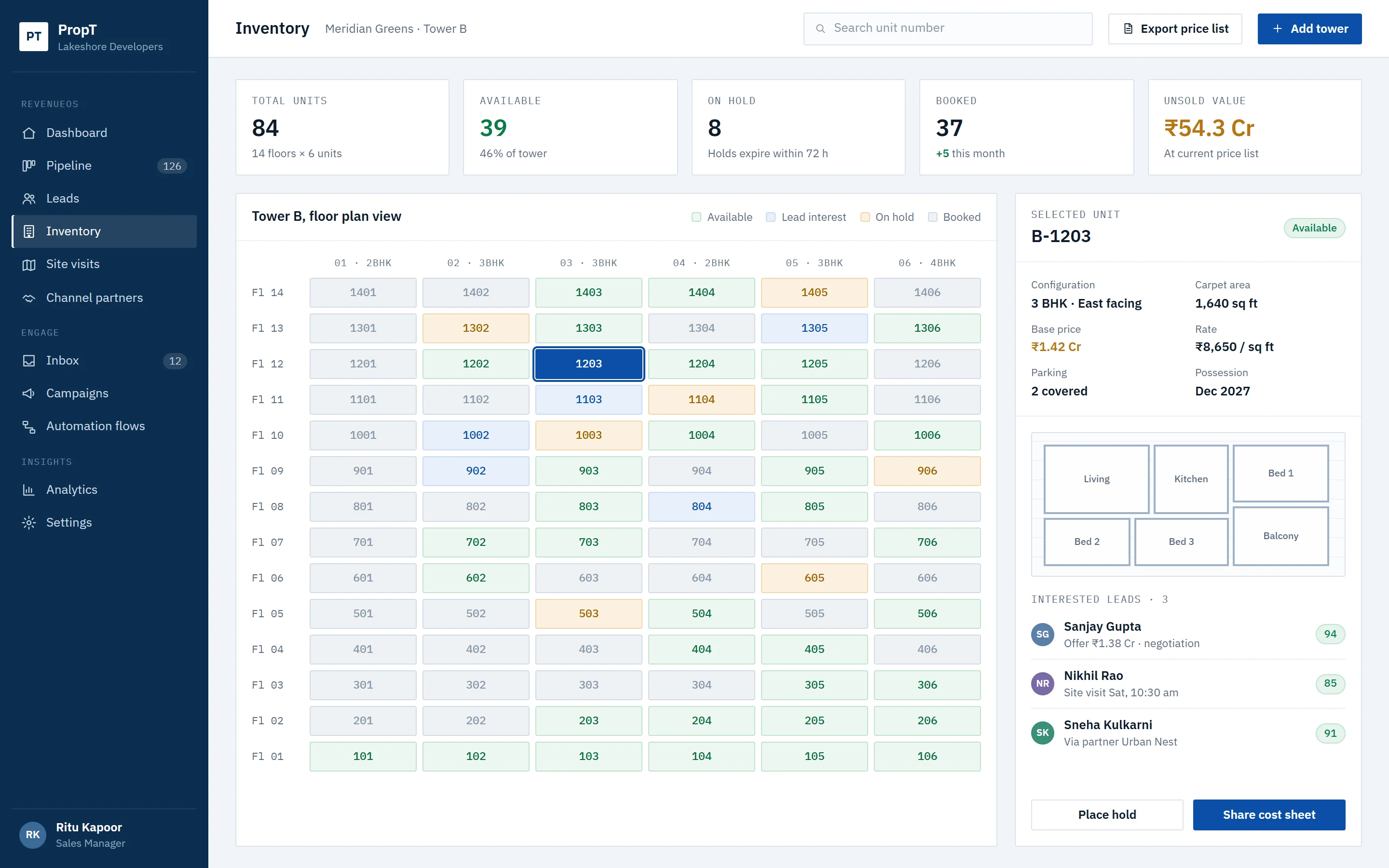 Tower inventory grid showing available, on hold and booked units with a selected unit panel